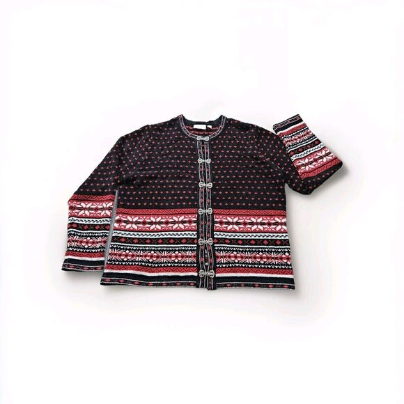 Croft & Barrow Cardigan Women L Black Red White Geo Christams Boho Soft Chenille - Picture 8 of 13